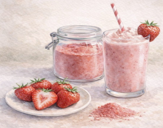 Dehydrated strawberry powder and sliced strawberry fruit